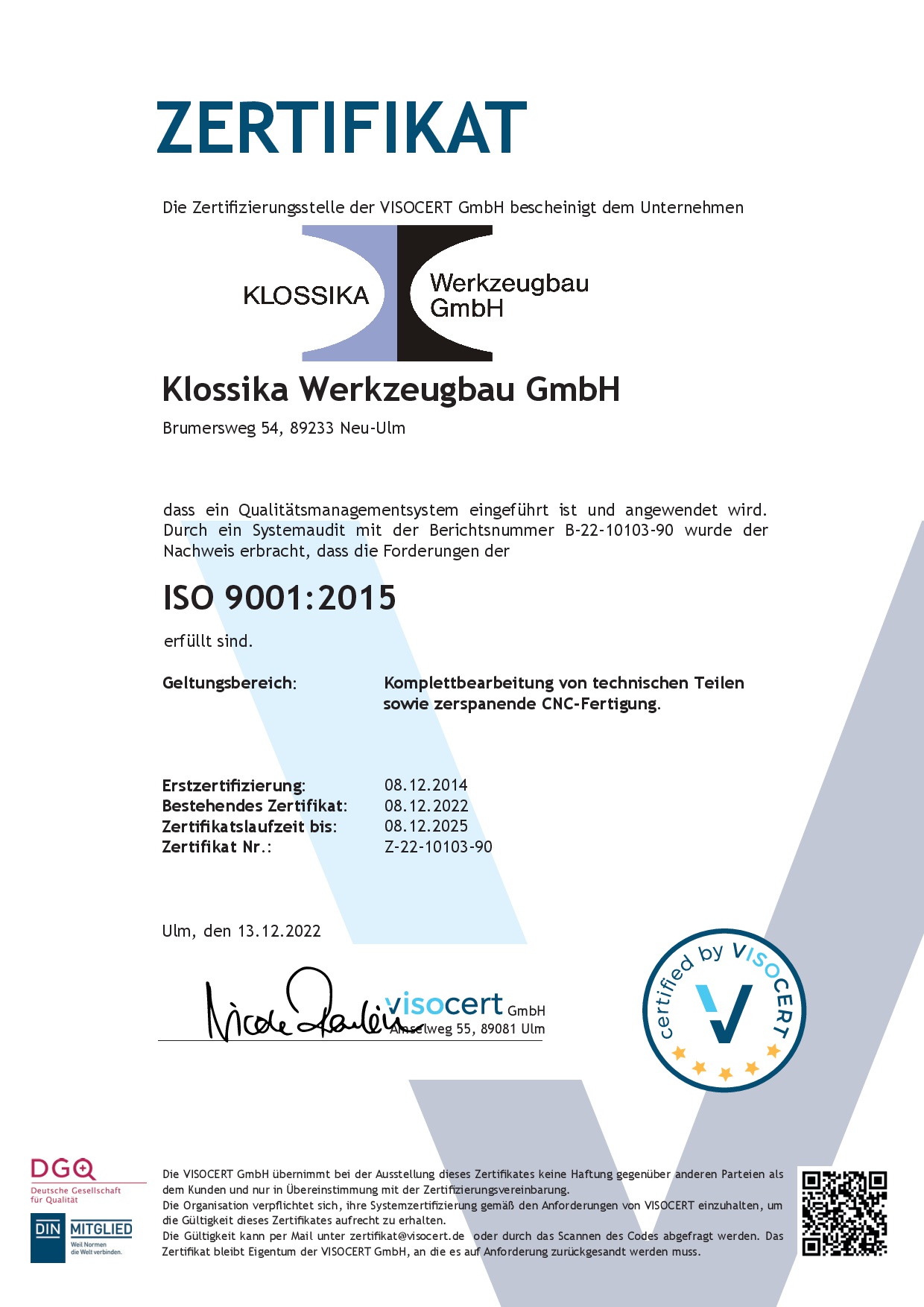 Werkzeugbau VC 10103 Zertifikat 9001 12 2022